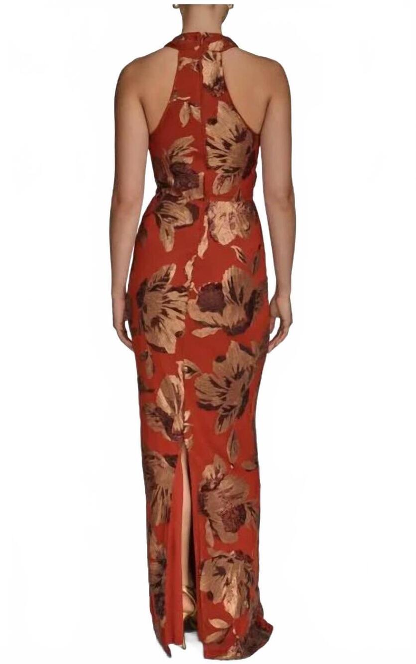 NEW DONNA KARAN floral sequin embellished halter maxi gown in brown/orange - Picture 3 of 3